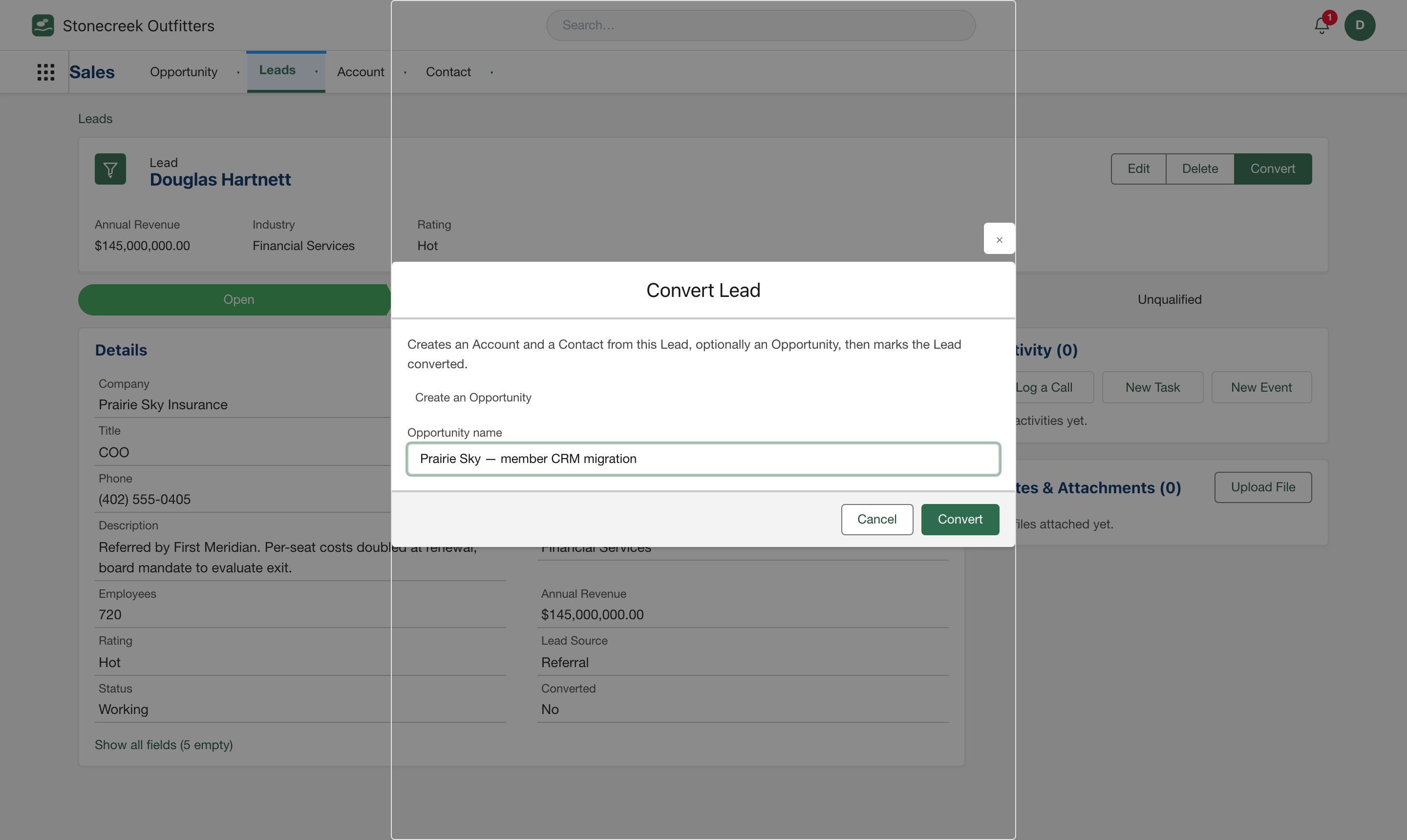 Real screenshot: the Convert Lead dialog in the engine-generated CRM — one transaction creates the Account, Contact, and optional Opportunity, then marks the lead converted