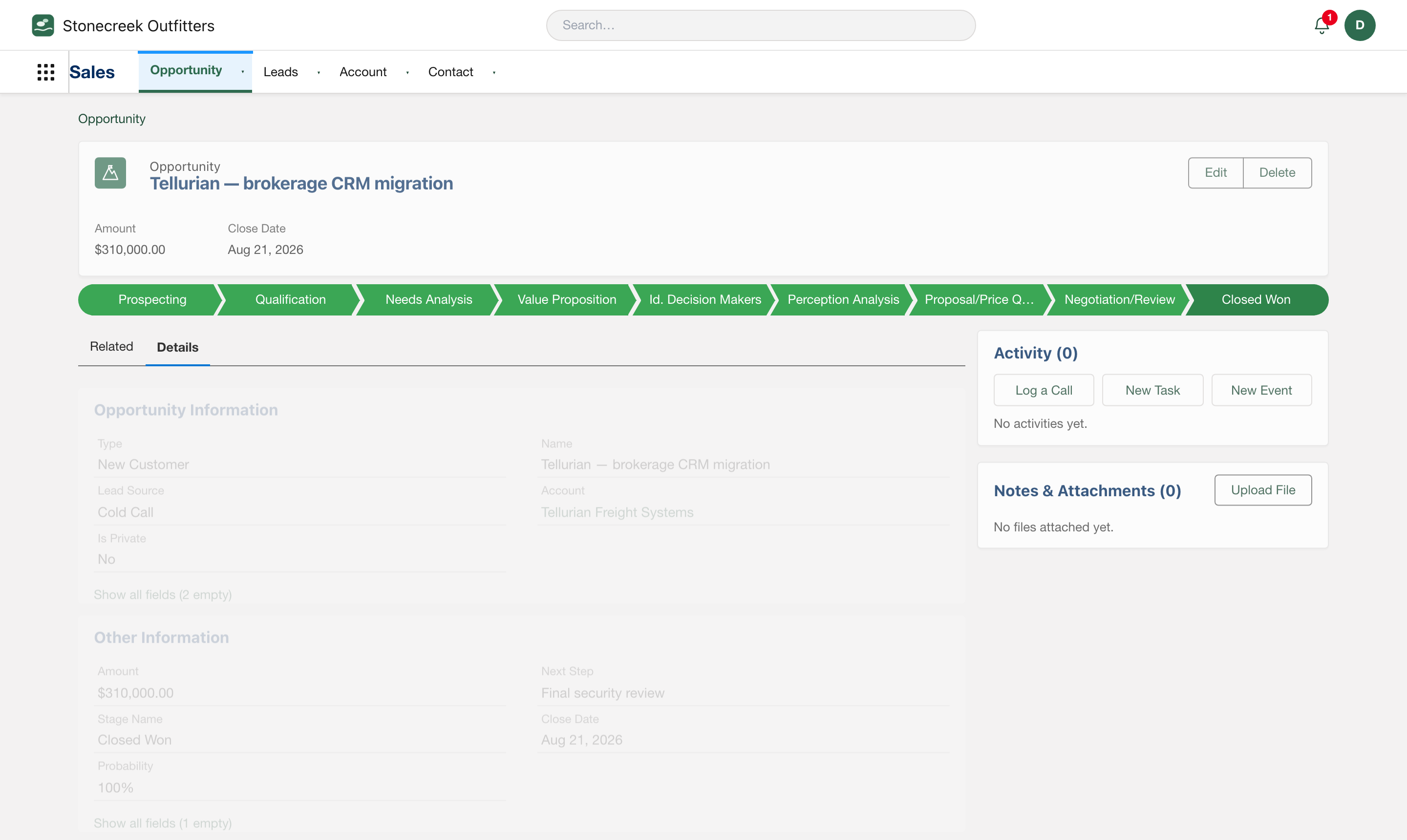 Real screenshot: an opportunity closed won in the engine-generated CRM — the full sales stage path from the org's own picklist rendered as a chevron rail