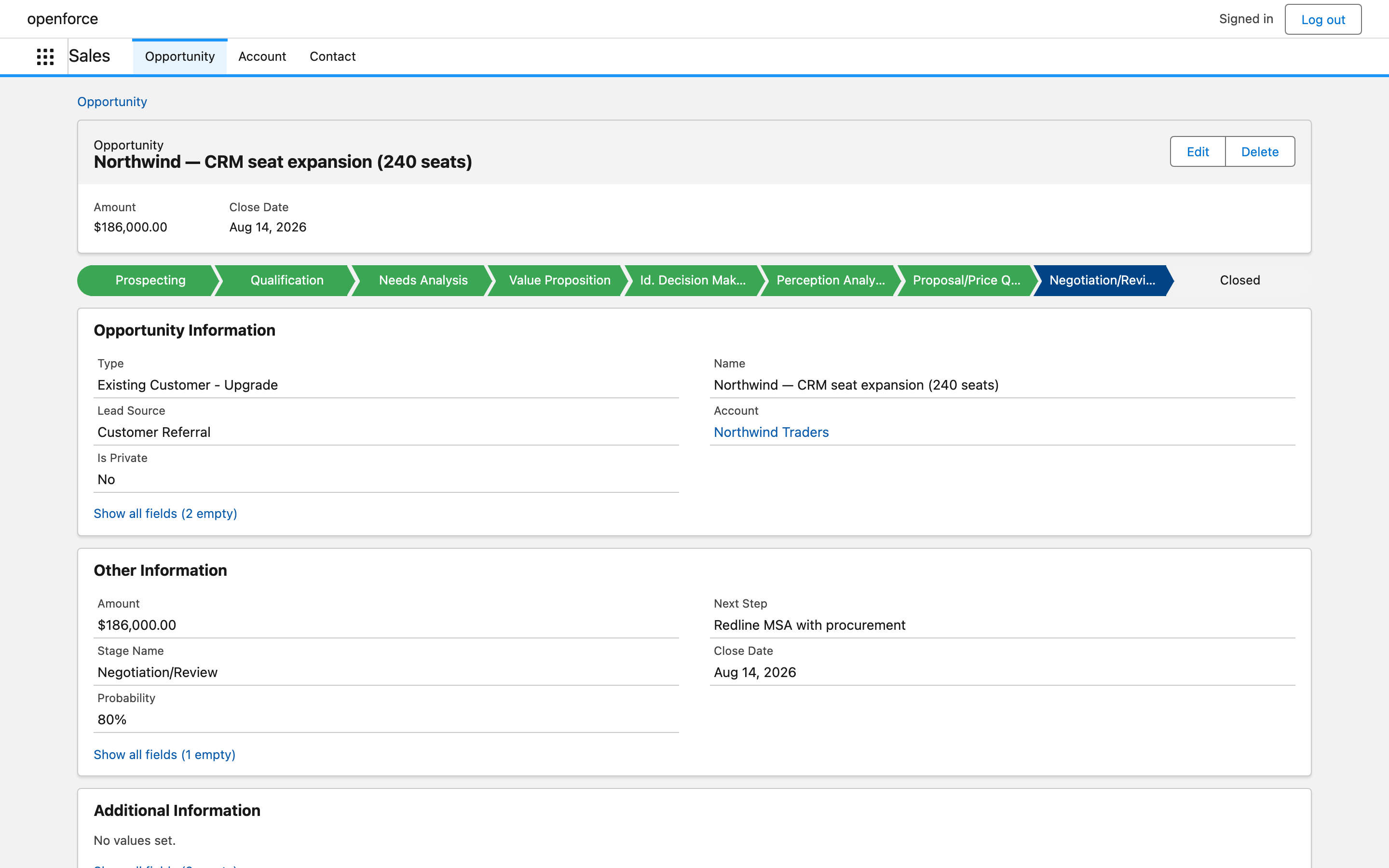 Real screenshot: the standard Opportunity record rendered by the engine-generated React app — layout-driven detail view with Edit and Delete, served from PostgreSQL behind JWT login