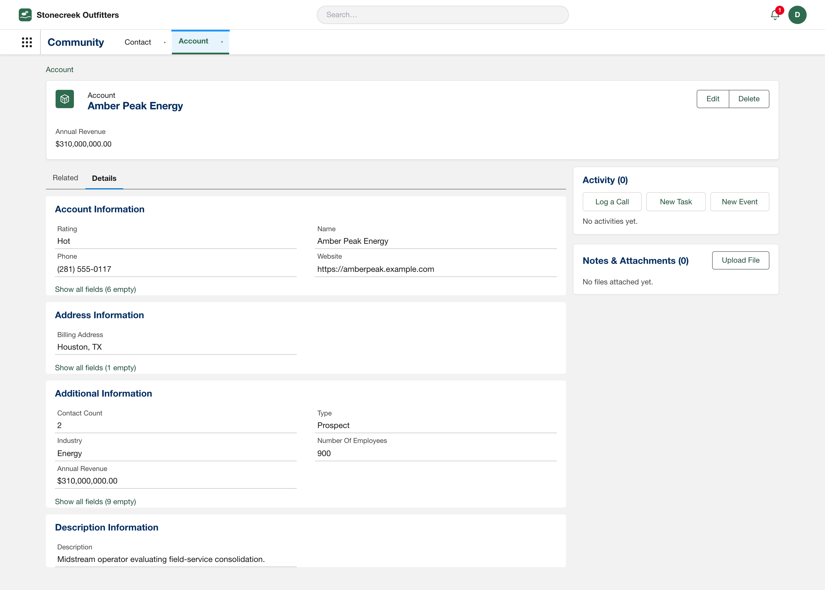 Real screenshot: a pre-existing account, Amber Peak Energy, showing a backfilled Contact Count of 2 with zero drift