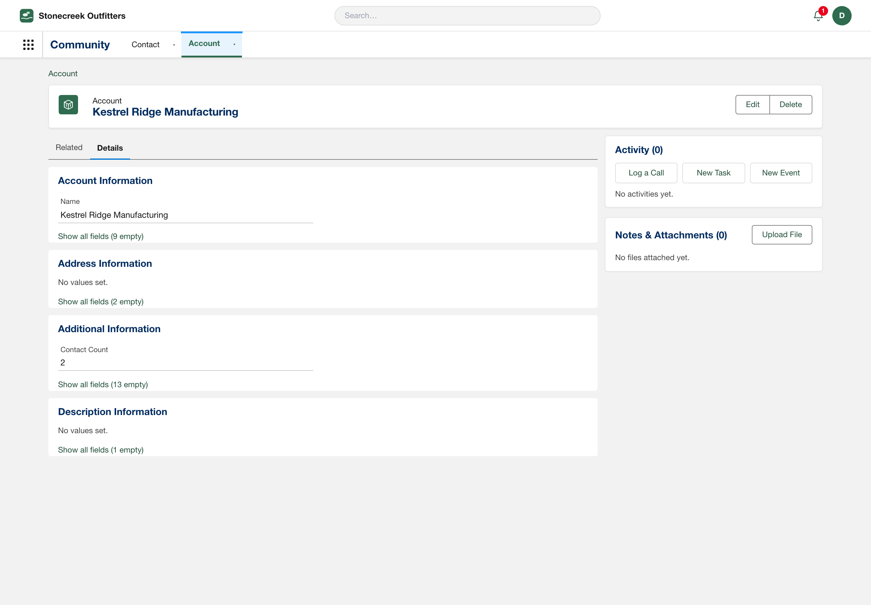 Real screenshot: the Account details tab showing Contact Count equals 2 after adding the second contact, maintained by the database