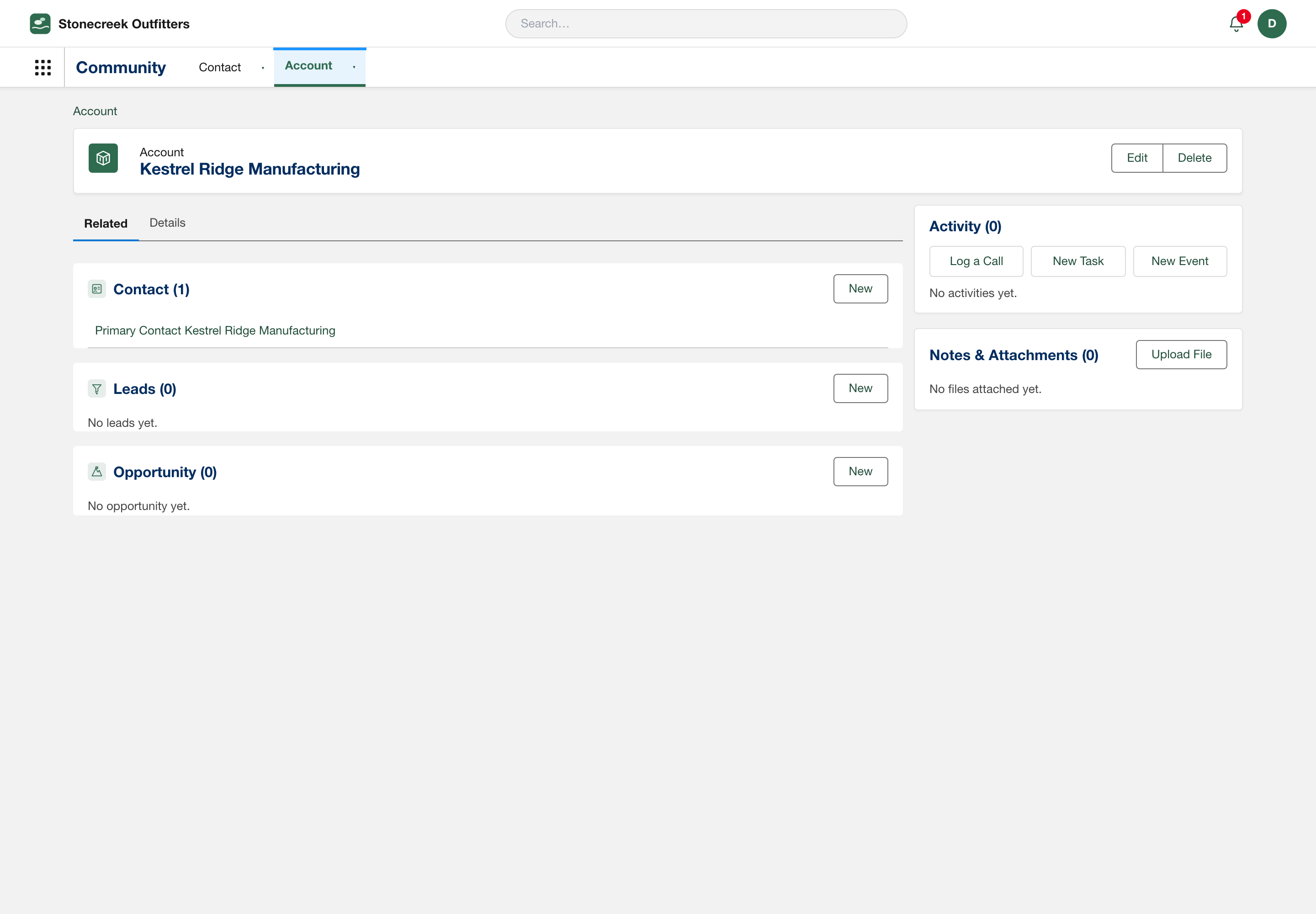 Real screenshot: Account Kestrel Ridge Manufacturing, Related tab showing Contact (1) — an auto-created Primary Contact — on the migrated demo