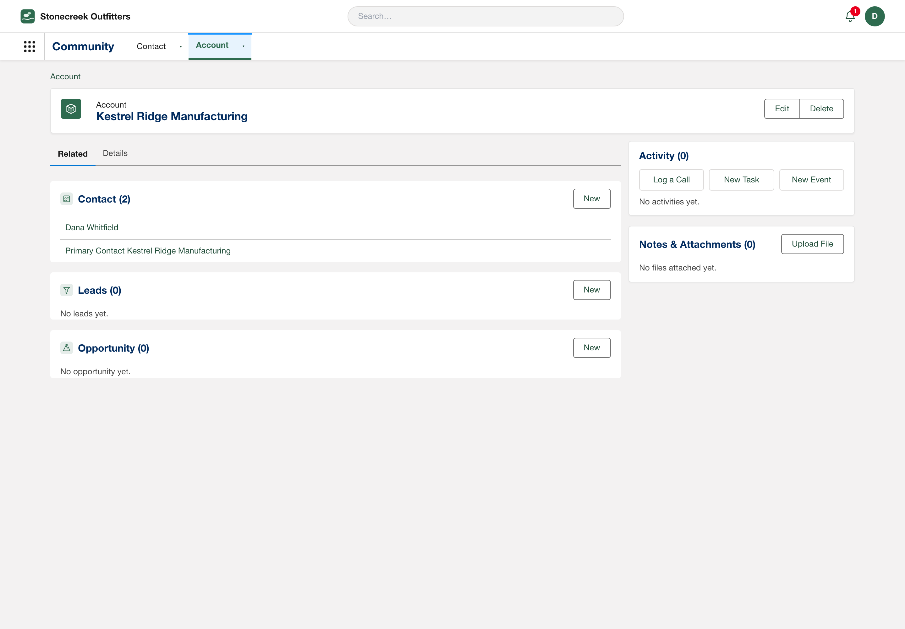 Real screenshot: the Contact related list now showing Contact (2) with a second contact, Dana Whitfield
